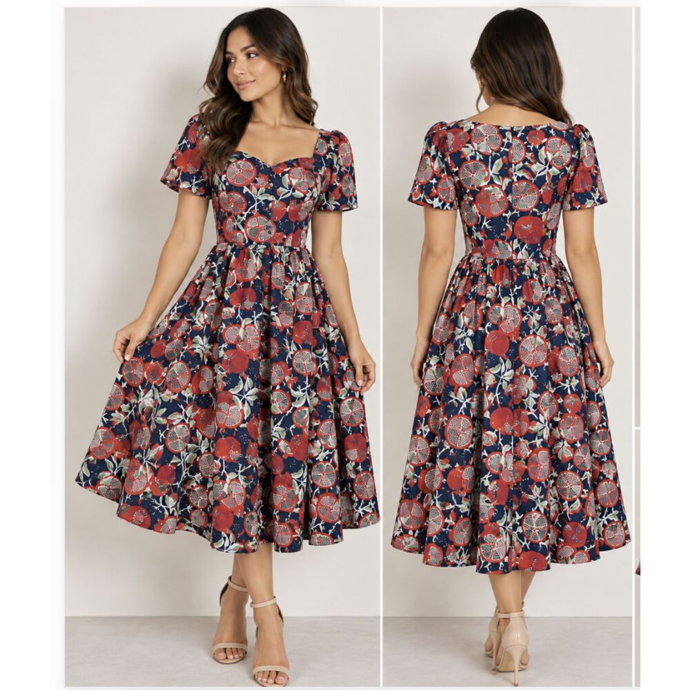 ModCloth Whimsical Pomegranate Botanical Fruit Print Midi Dress Retro SZ 6 swing